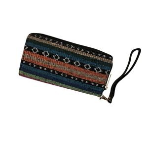 Woven Boho Striped Wristlet Zip Around Wallet Multicolor Geometric Textile